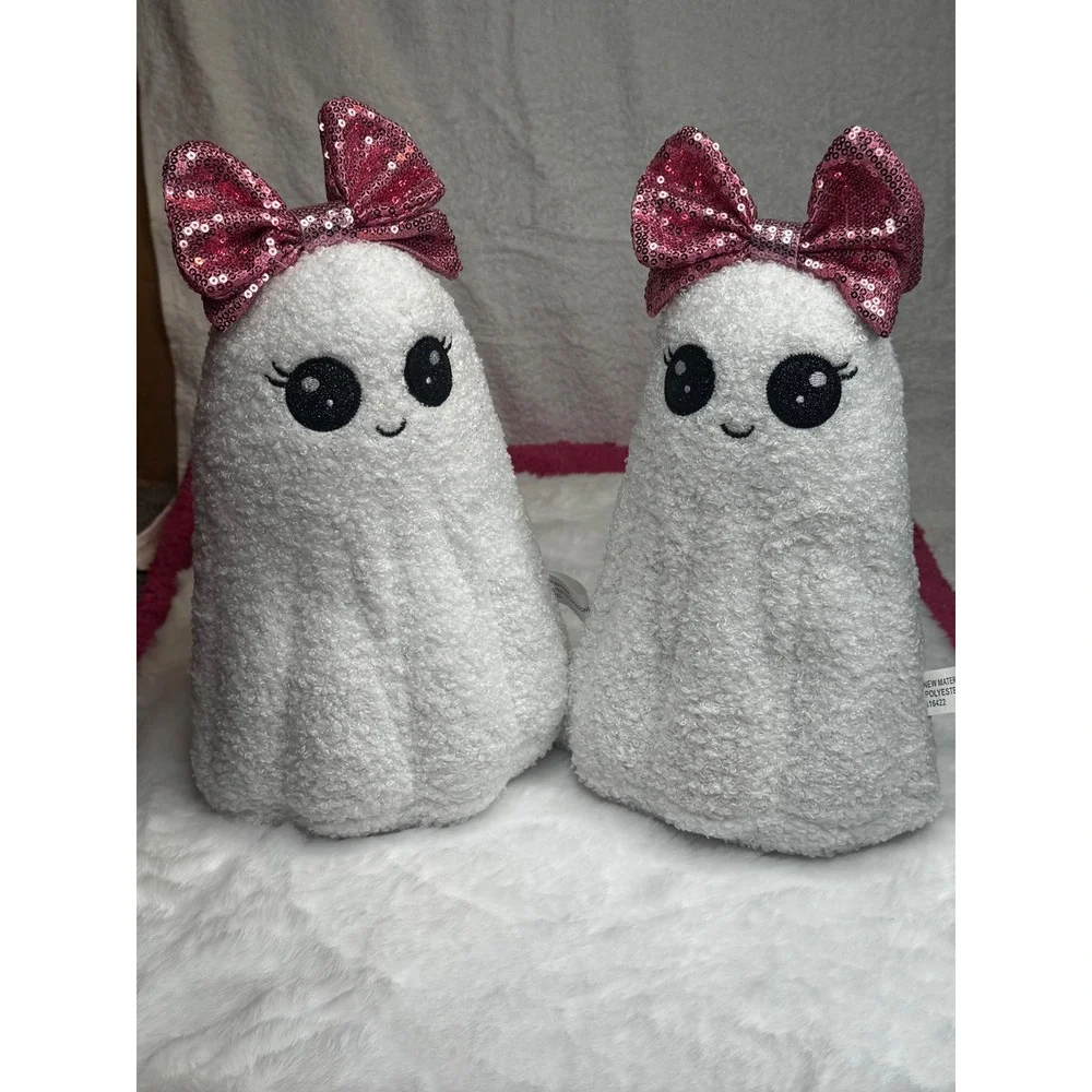 VIRAL Set of 2 Pink Bow Ghost Plush Halloween Decor Sherpa Spooky Cute plush